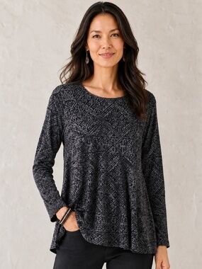 Peruvian Connection Grey Black Geometric Burnout Knit Long Sleeve Top XS S